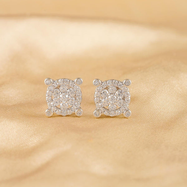 The Square Shine Round Diamond Silver Earrings
